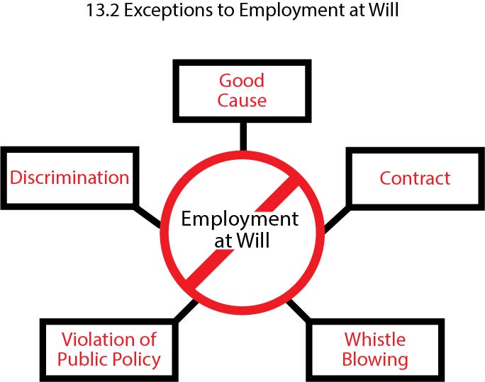 Gráfico que muestra las excepciones al empleo a voluntad: discriminación, buena causa, contrato, denuncia de irregularidades y violación a la política pública