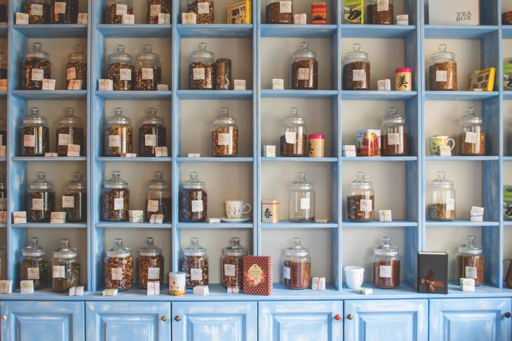 shelves of jarred spices