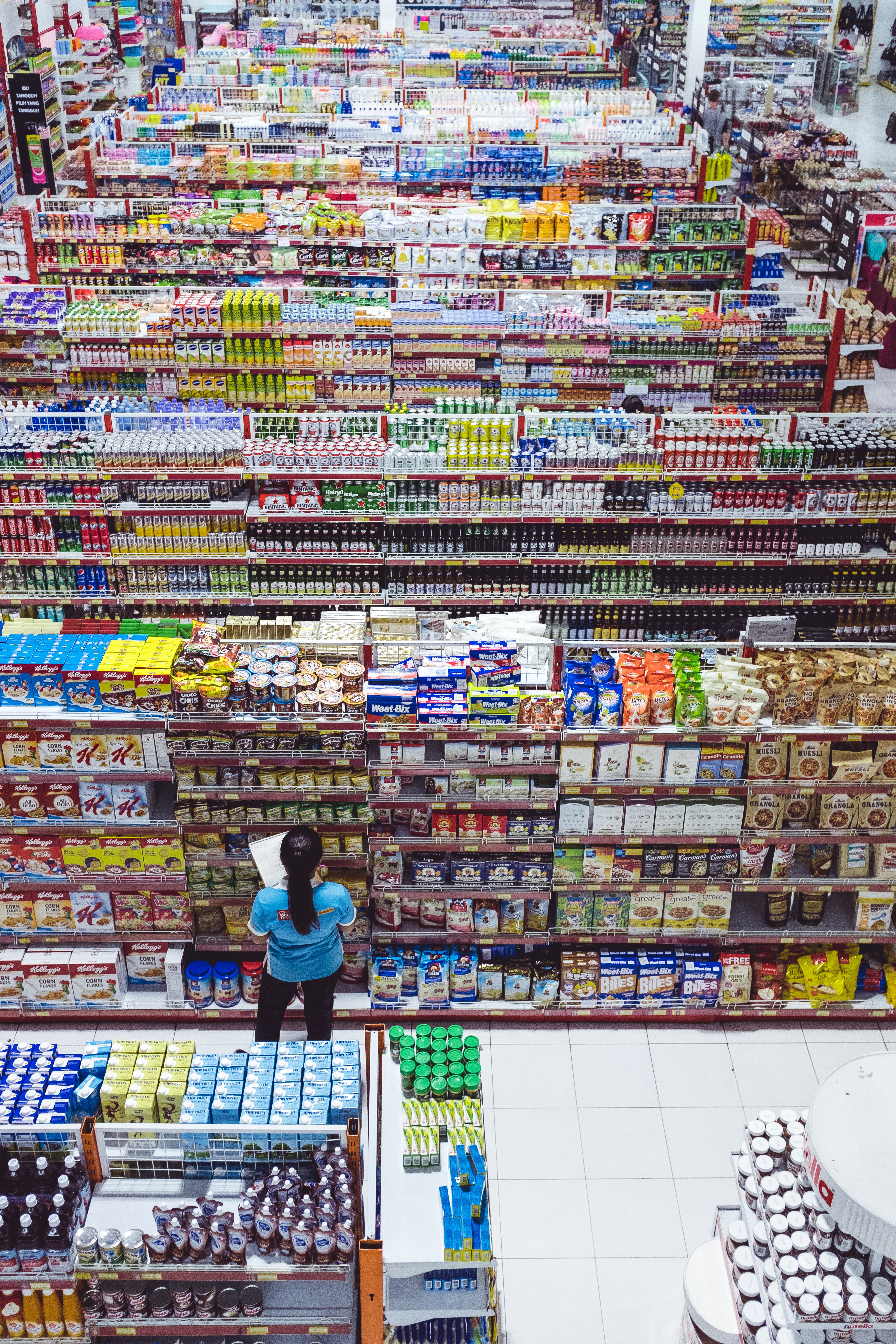 woman checking the inventory on the shelves in a grocery store