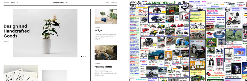 side by side comparison of two websites. One is very sparse with a simple color palette while the one is very cluttered with small, hard to read text and lots of different colors and photos.