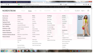 women's section of nordstrom's online store. there are many different categories such as shoes or accessories.