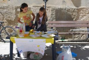 Two girls setting up a lemonade stand