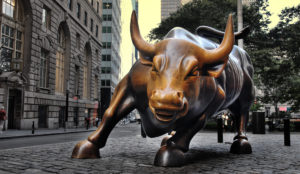 Famous "charging bull" sculpture on Wall Street in New York City