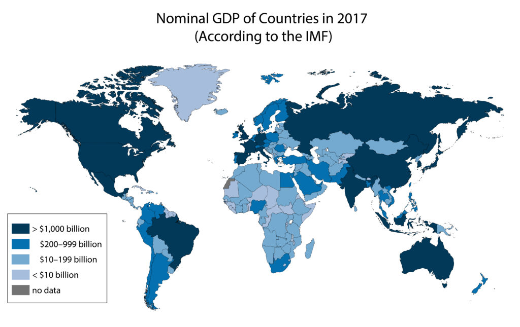 Countries by nominal GDP in 2017 according to the IMF. A complete set of the 2017 IMF data can be downloaded from this page as an excel file. Countries are sorted into five categories. The highest category is countries with a nominal GDP of over 1,000 billion USD. This category includes the United States, Canada, Mexico, Russia, Australia, Brazil, Spain, France, the United Kingdom, and others. The second category is countries with a nominal GDP between 200 and 999 billion USD. This category includes Peru, Argentina, Egypt, Norway, Saudi Arabia, Thailand, and others. The third category is countries with a nominal GDP between 10 and 199 billion USD. This category includes Paraguay, Mongolia, Ukraine, Nepal, and others. The fourth category is countries with a nominal GDP under 10 billion USD. This category includes Greenland, Mauritania, Kyrgyzstan, Suriname, and others. The fifth and final category is countries where no GDP data was found. This category includes the Western Sahara.