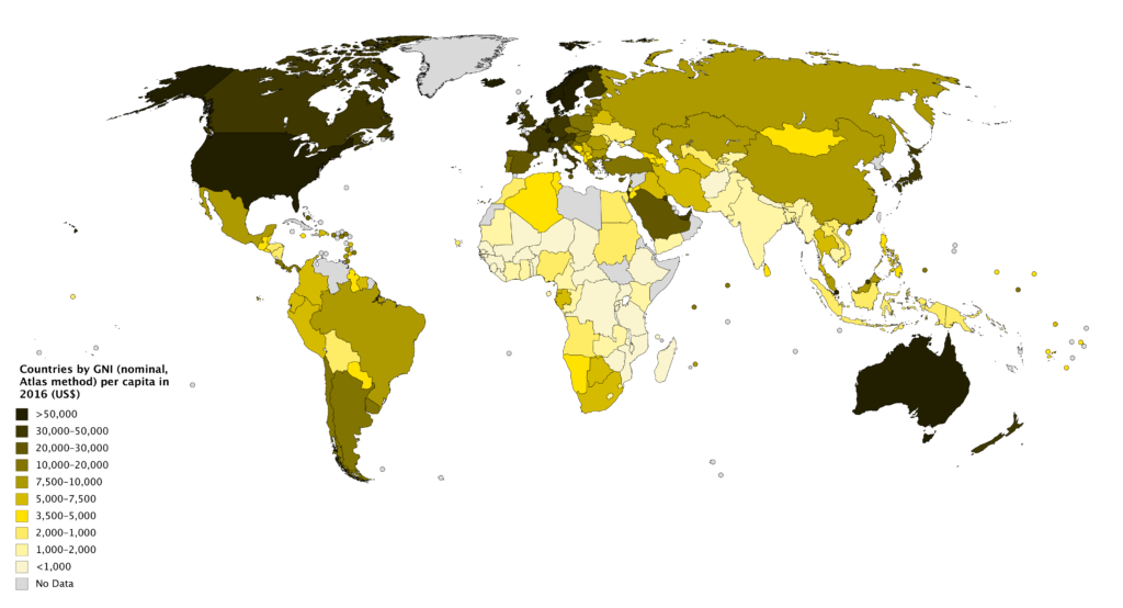 World map showing gross national income per capita among the nations of the world for the year 2016. The values range from less than 1,000 U.S. dollars GNI per capita to over 50,000 U.S. dollars GNI per capita. Countries with over 50,000 GNI per capita include The United States of America, Australia, Iceland, Norway and Sweden. Countries with 30,000 to 50,000 GNI per capita include Canada, Finland, France and Germany. Countries with under 5,000 GNI per capita include Angola, Uganda, India, Vietnam, Bolivia, and Ukraine.