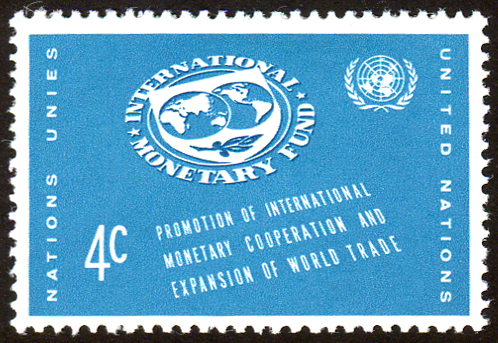 Commemorative postage stamp with the International Monetary Fund logo