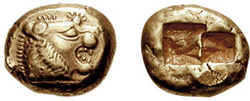 front and back side of an electrum coin. Front has a lion head; reverse has two square imprints, probably to standardize the coin's weight.