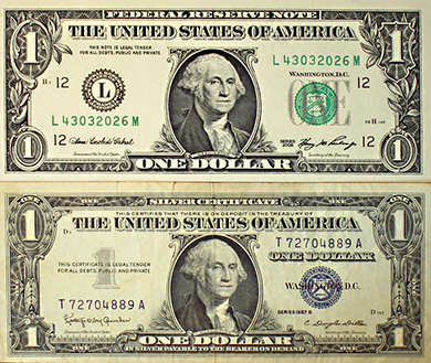 Two images are shown. The bottom image is a silver certificate— commodity-backed U.S. paper currency from 1957 or earlier, backed by silver and as indicated with the words “Silver Certificate” printed on the bill. The top image is of a modern U.S. currency which no longer indicates that it is commodity-backed, but which is still legal tender for all debts.