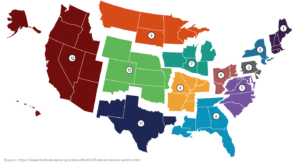 This map of the United States shows the 12 Federal Reserve districts. Appropriate alternative text can be located in the table below this image.