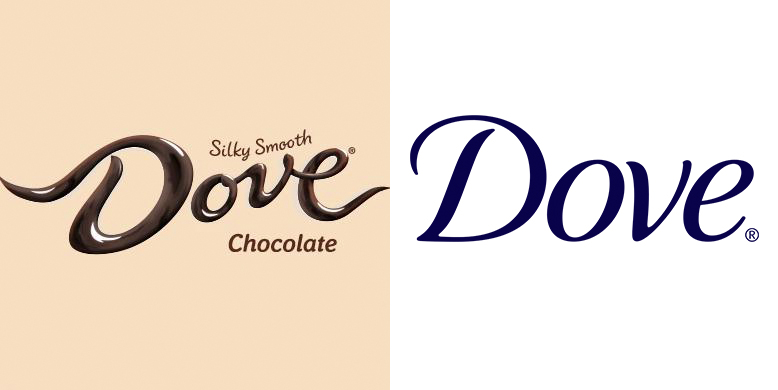 Side-by-side comparison of the trademarked logo for Dove Chocolate and Dove Soap. Both Dove logos are script fonts that say the word Dove. The Dove chocolate logo appears to be written in melted chocolate and has the words “Silky smooth chocolate” around the word Dove. The Dove soap logo is written in a crisp blue script font on a white background.