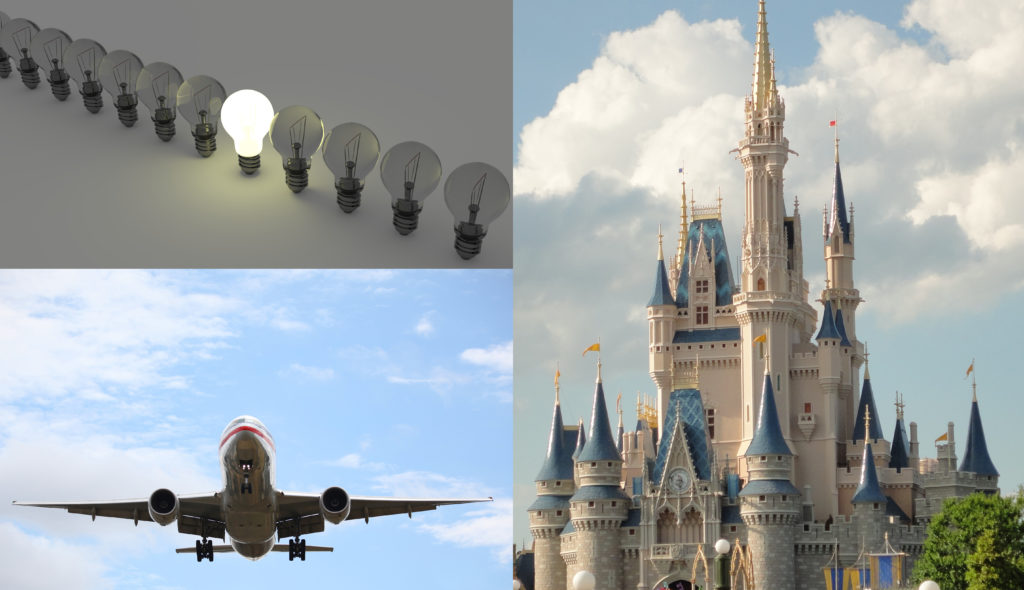 Three items are shown in this image: light bulbs, an airplane, and the castle at Disneyland.
