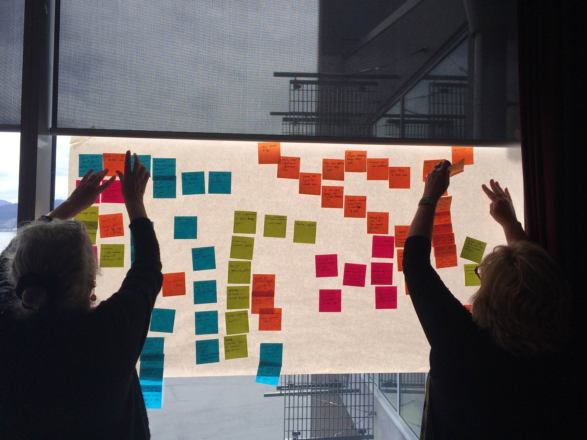 Two women putting Post-it notes on a whiteboard.