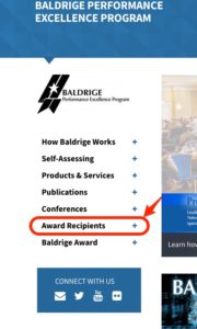 Screen shot of the Baldridge Program Web site, showing the navigation menu where you can find the page called "Award Recipients".