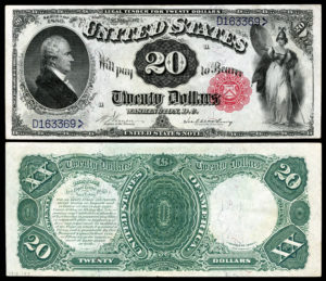 An image of very old US currency bills, the front and back of a $20 bill