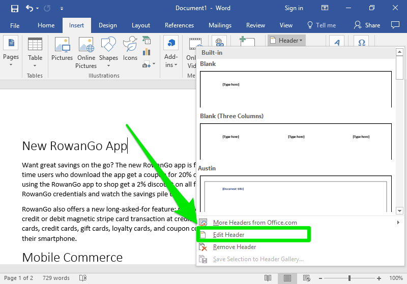 A Microsoft Word document is open with text on it. The header dropdown menu has been opened, displaying a new section. There is a large green arrow pointing towards a green box, inside of that box is the "edit header" option.