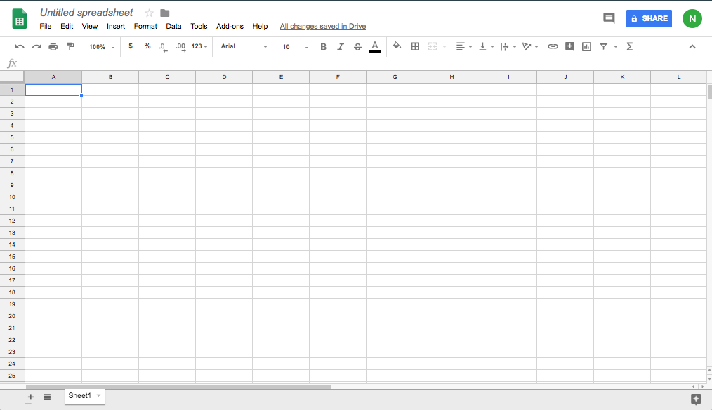 Screenshot of a blank spreadsheet in Google Sheets.