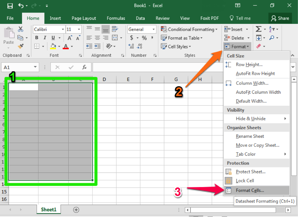 A blank Microsoft Excel sheet is open. There are three numbers each representing a different aspect of the sheet. The first number is green and shows a box which is highlighting a section of cells that have been selected. The second number is orange and next to it as an arrow that points to the format dropdown menu. The third number is pink and has an arrow next to it pointing at the format cells feature in the format dropdown menu.