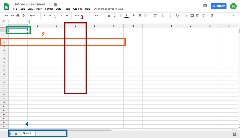 Screenshot of a blank Google Sheets spreadsheet with a cell, column, and row highlighted.
