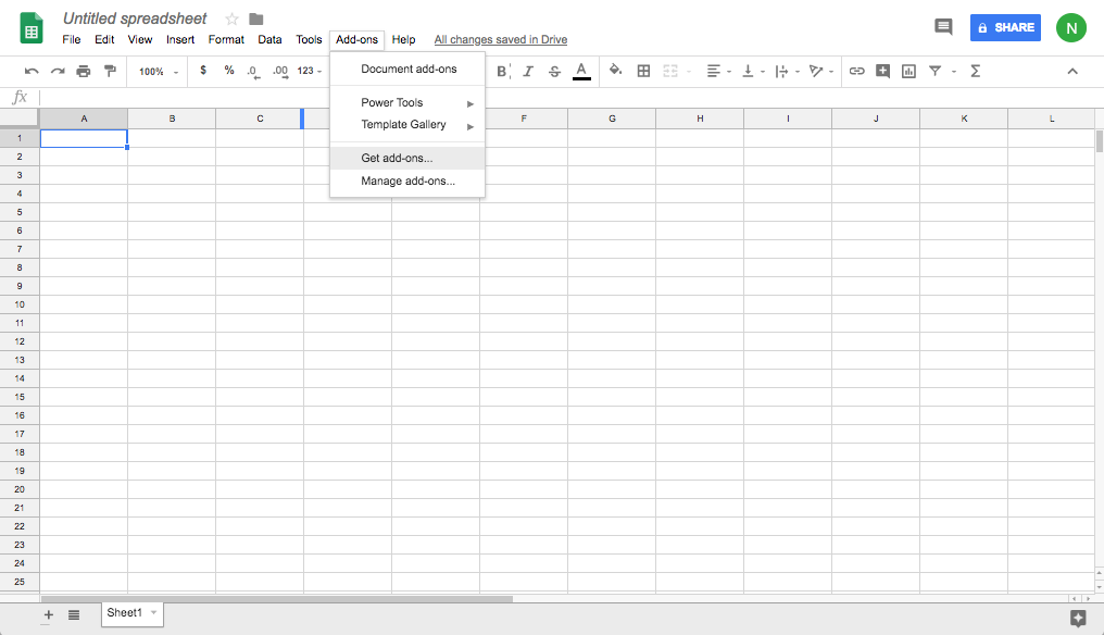 Screenshot of a blank Google Sheets spreadsheet with the Add-ons drop down menu shown.
