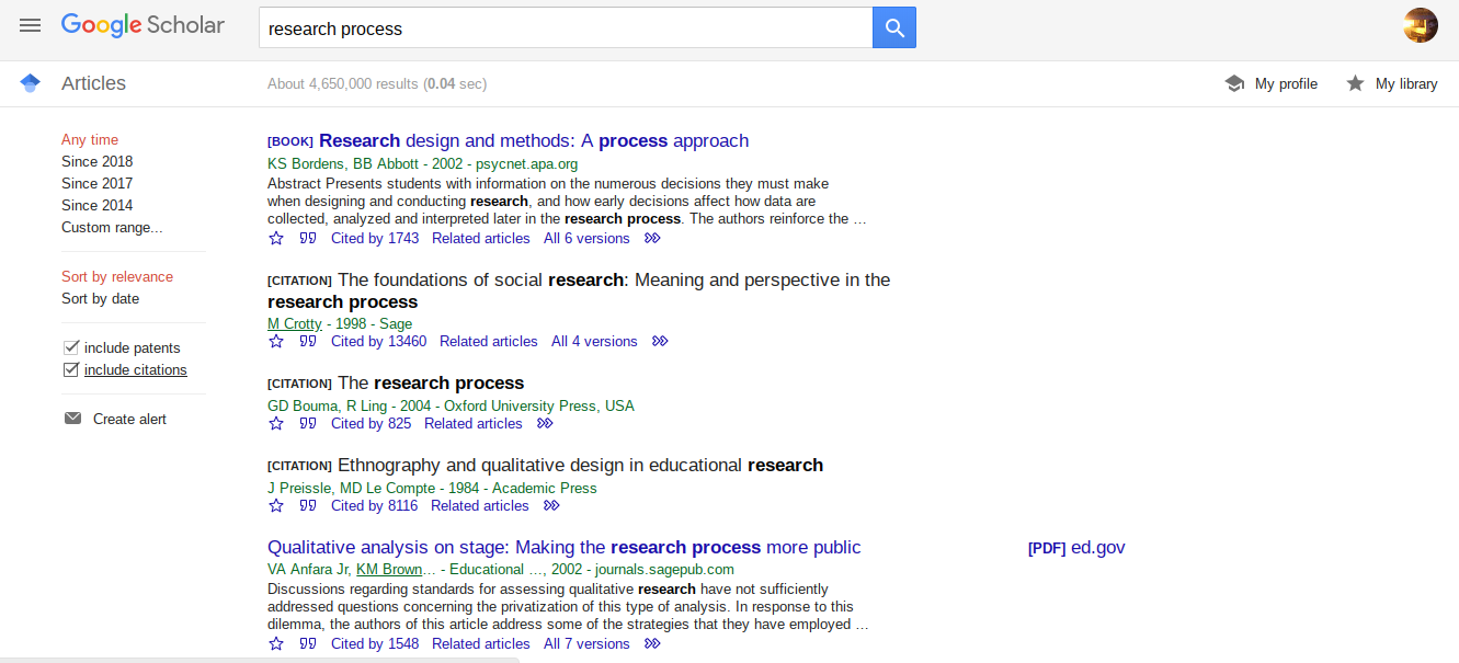Screenshot of the search engine Google Scholar. "Research process" is in the search bar, and several scholarly articles appear as results.