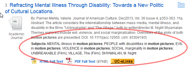 Screenshot of a search result in an academic database. The resulting article is titled "Refracting Mental Illness Through Disability: Towards a New Politic of Cultural Locations. In the screenshot the Subjects of the article are highlighted: Mental illness in motion pictures; people with disabilities in motion pictures; evil in motion pictures; violence in motion pictures, etc.