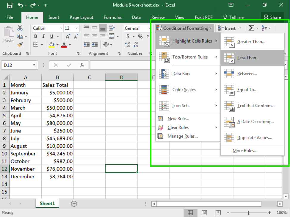 An excel sheet with data entered in columns A and B through row 13. There is a green box around the dropdown menu from the conditional formatting feature on the home tab of the ribbon.