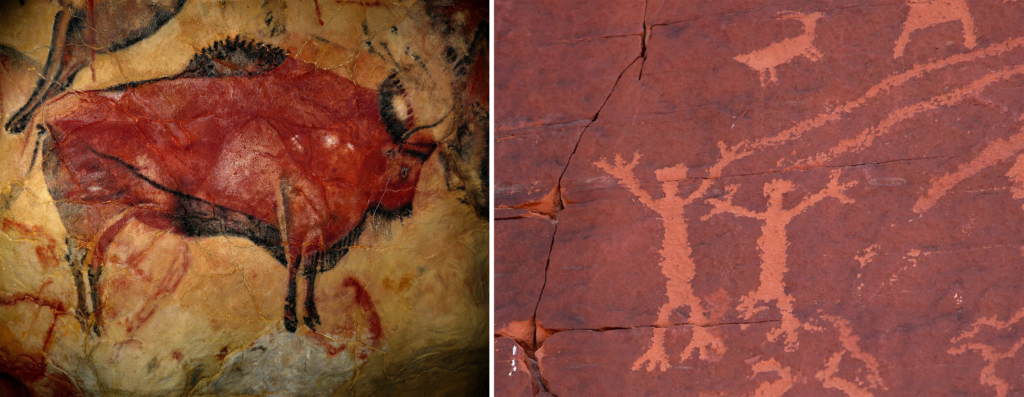 A two part image. The first shows a cave painting of bison. The second part shows a cave drawing of two stick figure men on red rocks