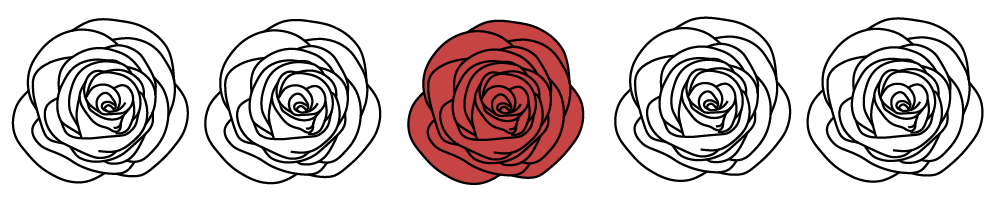 Illustrating of 5 roses in a row. Only the center one is colored in red the rest are left in black and white.