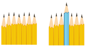 Illustration of two groups of seven pencils in a row. The group of pencils on the right has a blue one as the middle pencil that is much longer than the others.