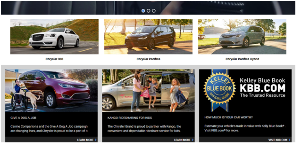 Screenshot of Chrysler's website listing their different car models.