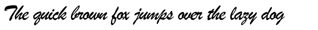 A cursive font with the words "The brown fox jumps over the lazy dog." The font has a lot of extra curves and is compressed, making it difficult to read