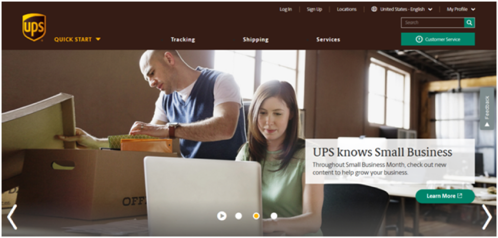 Screenshot of UPS's homepage. There is an image of a couple unpacking and looking on their laptop. The slogan on the homepage reads "UPS knows Small Business. Throughout Small Business Month, check out new content to help grow your business."