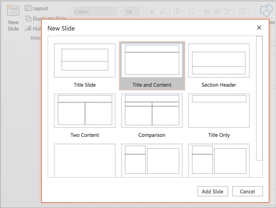 Screenshot of choosing a new slide layout. The "title and content" option is selected.