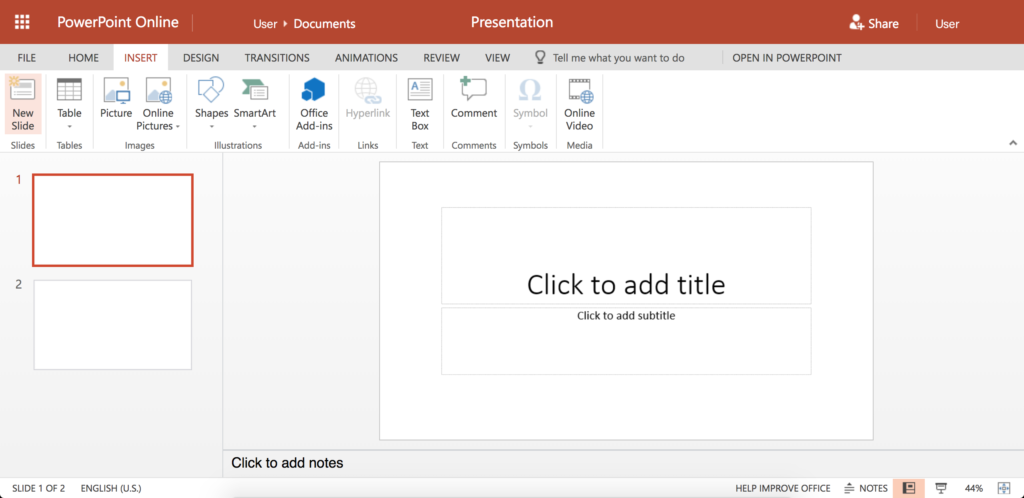 Screenshot of main PowerPoint screen. There is a column on the left showing the slides that have been created. Square in the center shows slide template.