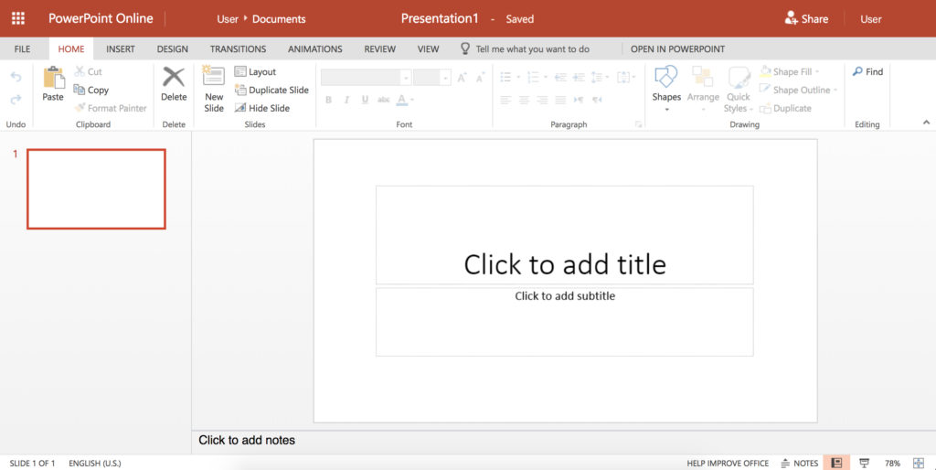 A screenshot of a template slide in PowerPoint online. The slide has two text boxes. One reads "Click to add title" the other reads "Click to add subtitle".