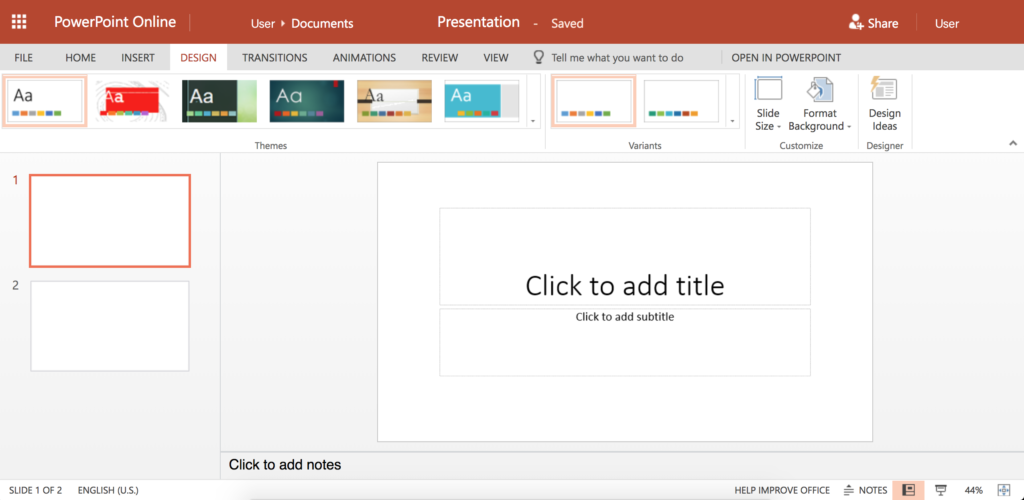 Screenshot of main PowerPoint screen. The top home bar shows different slide design themes. A column on the left showing the slides that have been created. A square in the center shows slide template.