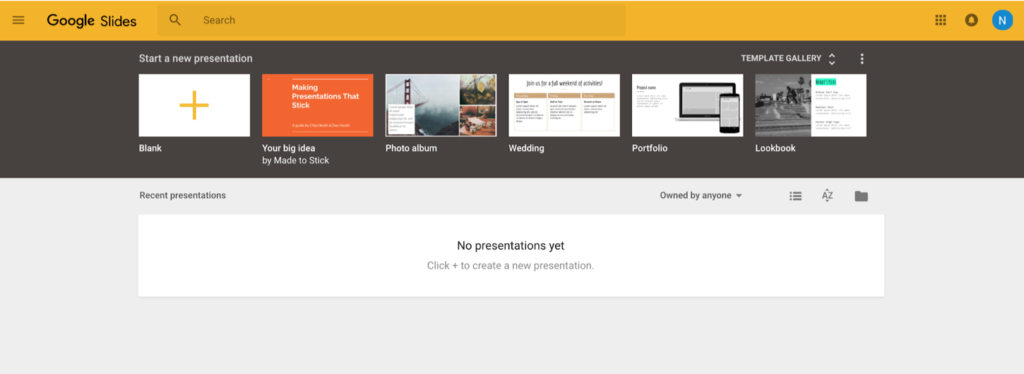 Screenshot of template gallery. A top bar shows recently used templates.
