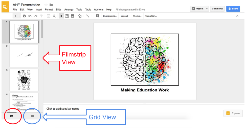Screenshot of Google slides editing screen. In the center of the screen is the current slide being worded on. There is a box with an arrow labeled "Filmstrip View" pointing to the left sidebar that has a four thumbnail sized images of the slides already created. There is a box with an arrow labeled "Grid View" pointing to an icon of four squares in a grid pattern.