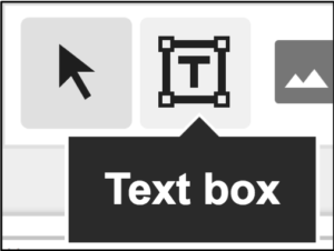 Screenshot of three icons from Google slides home tab: select, text box, and image icons. A black box points to the text box icon and says "Text box".