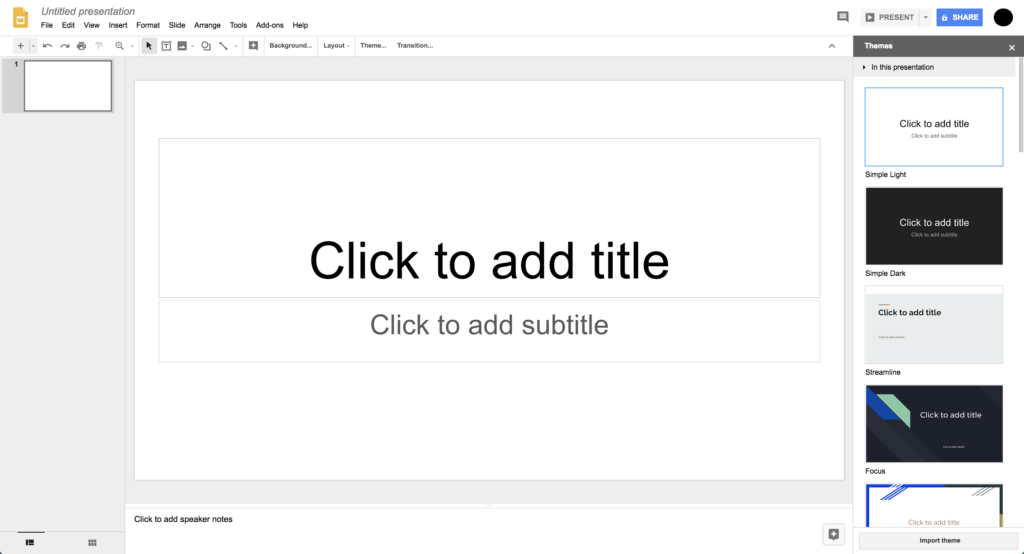 Screenshot of Google Slides. The slide has two text boxes. One reads "Click to add title" the other reads "Click to add subtitle". On the right there are four examples of slide templates.