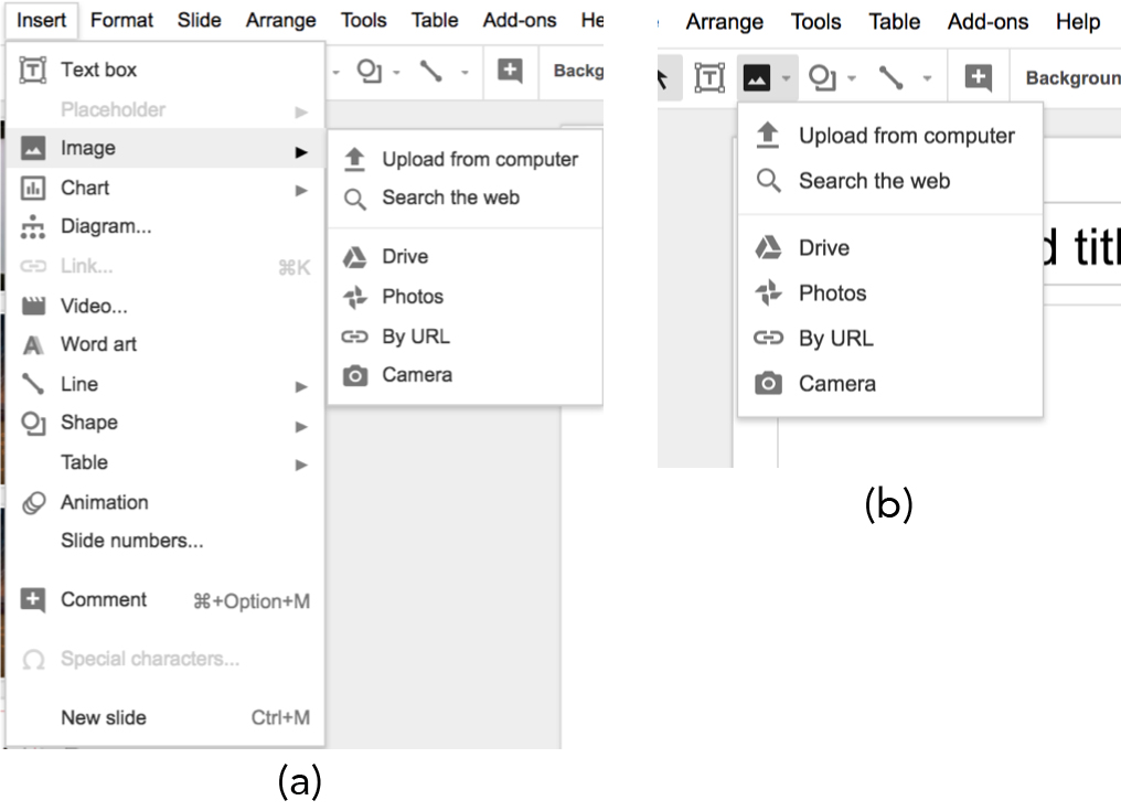 Screenshot of Google slides images and content insert function. There are two squares showing dropdown bars. The left image is labeled 'a' and shows the insert tab dropdown bar for inserting images. The right image is labeled 'b' shows the image icon highlighted and a dropdown bar for inserting images.
