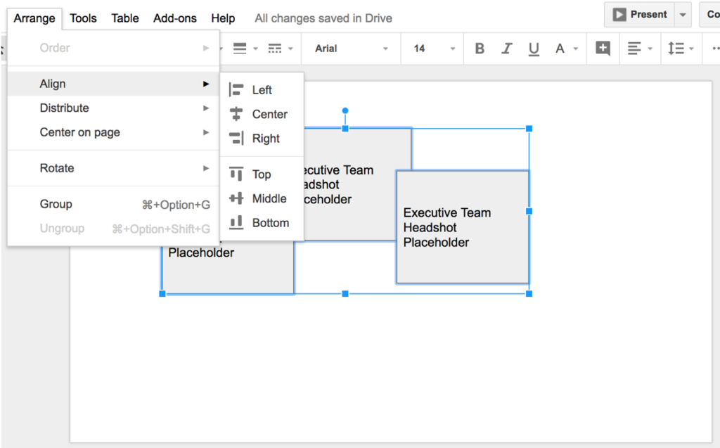 Screenshot of Google slide. The arrange tab is highlighted and a dropdown menu shows different alignment options to choose from.