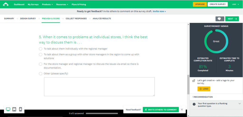 An image of an online poll with the question, "When it comes to problems at individual stores, I think the best way to discuss them is...". Options are provided as well as text boxes for explanations of answers.