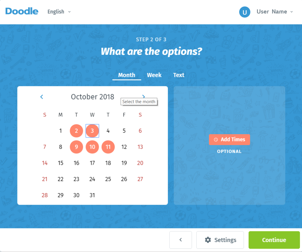 A screenshot of Doodle, a scheduling platform. The title of the page is "What are the options?", giving different options for the date of the event.