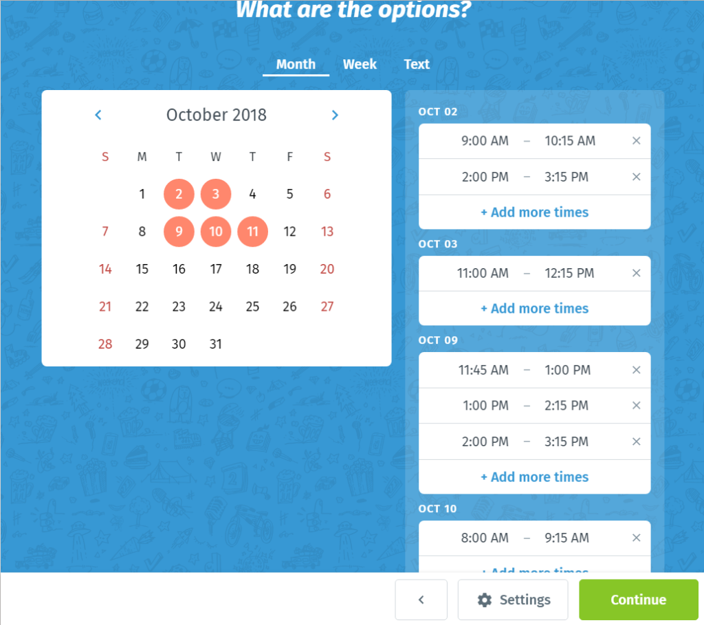 A screenshot of the scheduling platform Doodle, with the title of the page being, "What are the options?". Times as well as dates are listed.