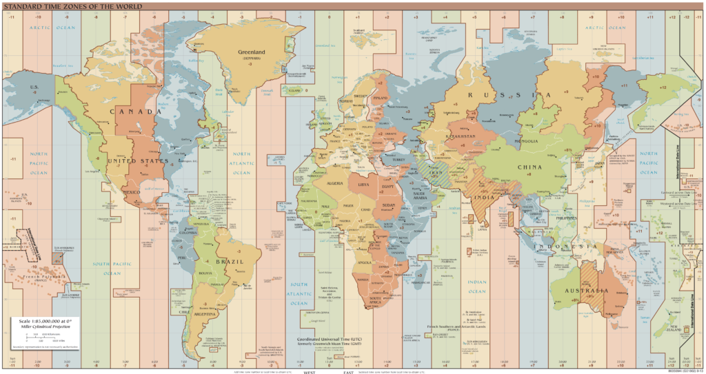 World map depicting the Standard World Time Zones.