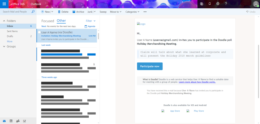A screenshot of an email inbox with an example of what an invitation from Doodle via email looks like.