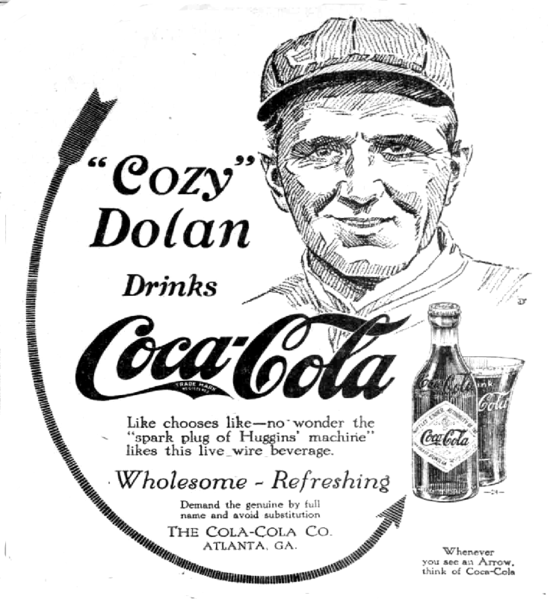 A newspaper Coca-Cola ad from 1915 with an illustration of a man in a baseball cap and the the heading reading "'Cozy' Dolan Drinks Coca-Cola.