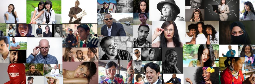 Collage of a diverse array of people from different cultures, religions, ages, and genders. Collage has about forty thumbnail images of different individuals.