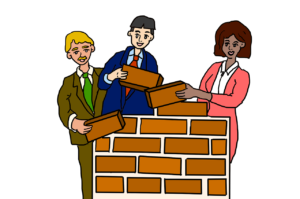 Three people in business attire taking appart a brick wall. Image is drawn in a cartoon style.
